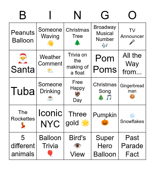 Macy's Thanksgiving Day Parade Bingo Card