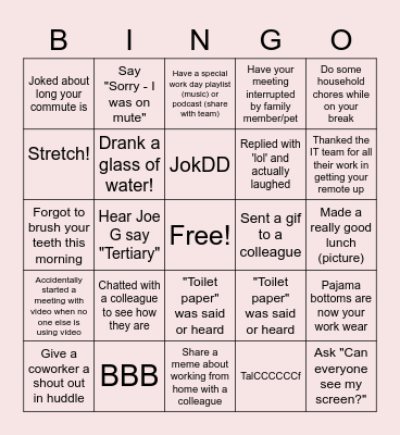 Remote Work Bingo Card