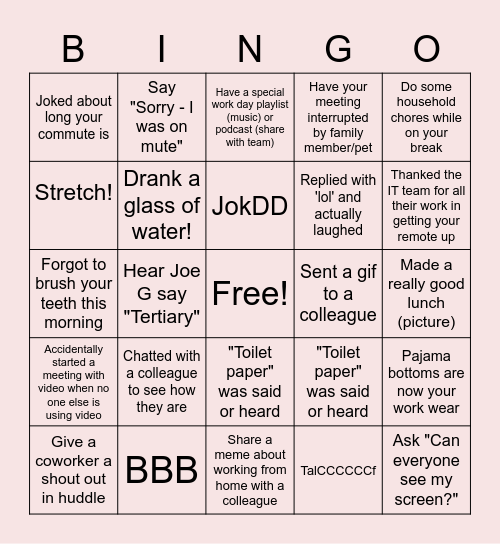 Remote Work Bingo Card