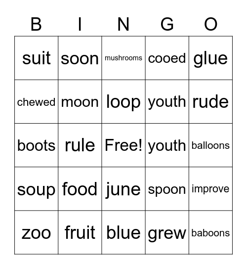 Long Vowel OO Bingo Card