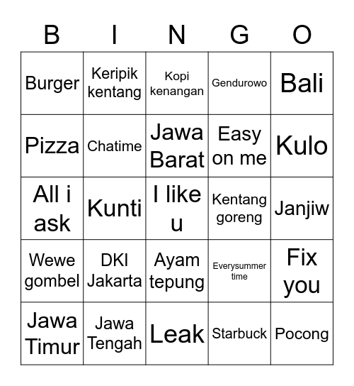 Utara’s Bingo Card