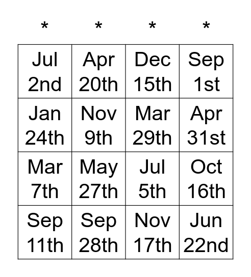 When is your birthday? Bingo Card