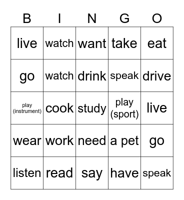Verb Phrase Bingo Card