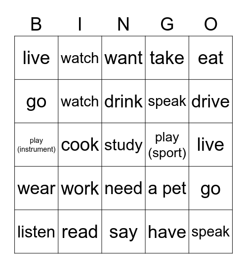 Verb Phrase Bingo Card