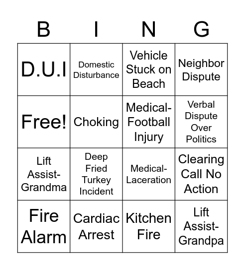 Thanksgiving Police Bingo Card