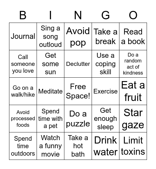 Mental Wellness BINGO Card