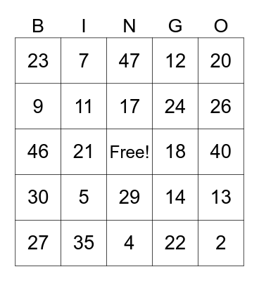 Number Bingo Card