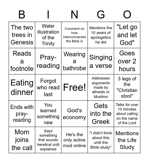 Steffen's Bible Study Bingo Card