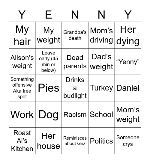 Grandma Bingo Card