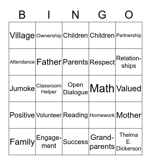 Parent Engagement Bingo Card