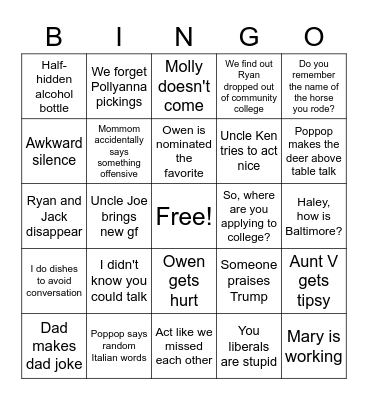 Cooper Family Bingo Card