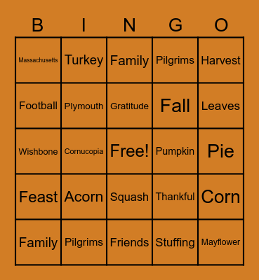THANKSGIVING Bingo Card