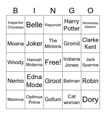 Movie Characters Bingo Card