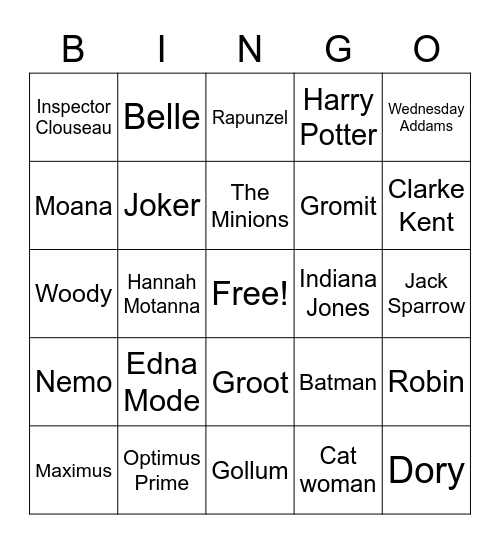 Movie Characters Bingo Card