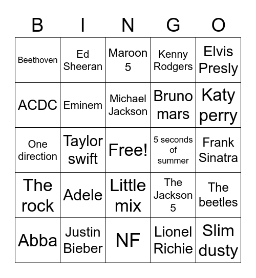 Singers Bingo Card