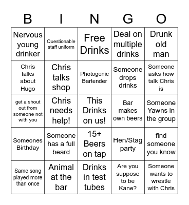 Chris's Pub Crawl Bingo Card