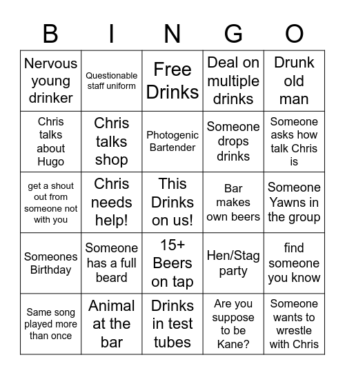 Chris's Pub Crawl Bingo Card