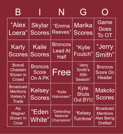 Bronco College Cup Bingo Card