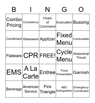 Hospitality Final Exam Bingo Card