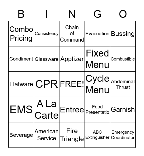 Hospitality Final Exam Bingo Card
