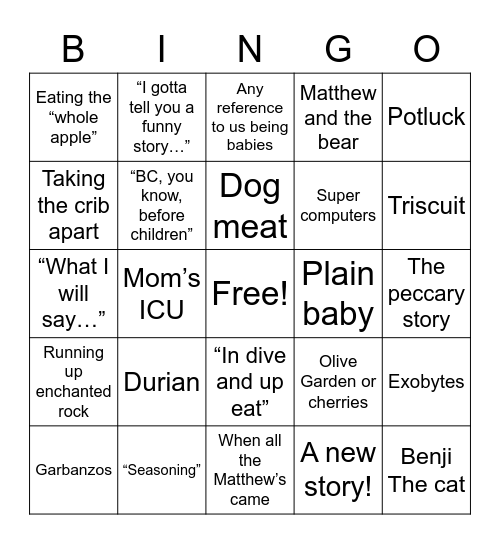 The Dad Stories Bingo Card