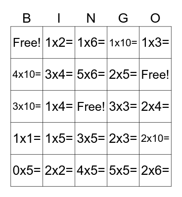Multiplication Bingo Card