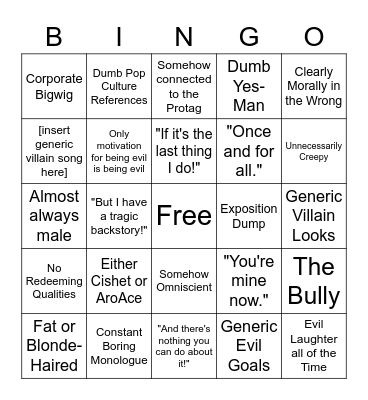 Bad Villian/Antagonist Bingo Card