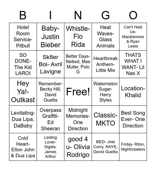 Musical Bingo Card