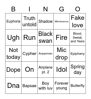 BTS Bingo Card