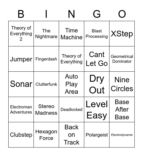 Geometry Dash Bingo Card