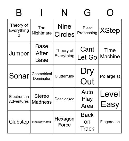 Geometry Dash Bingo Card