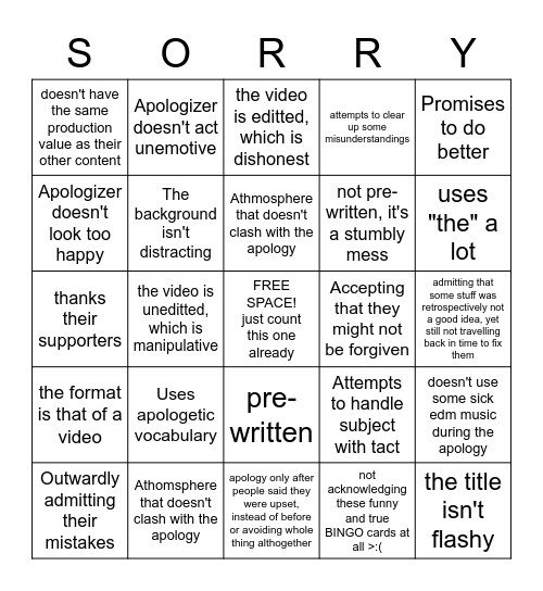 Video Apology Bingo Card