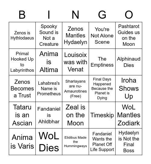 Endwalker Bingo Card