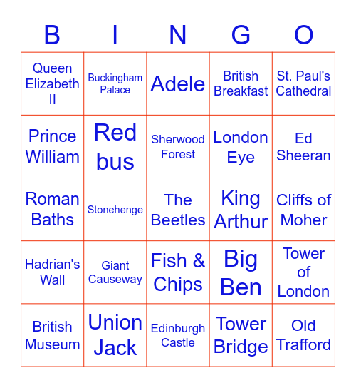 England Bingo Card