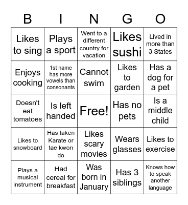 Get to know you Bingo! Bingo Card