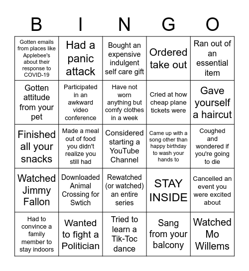 Social Distancing Bingo Card