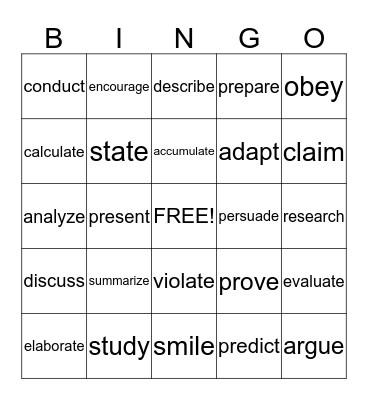 Academic Verbs Bingo Card