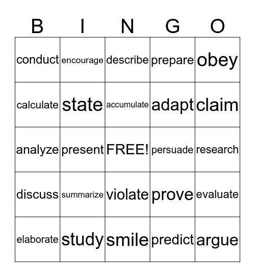 Academic Verbs Bingo Card