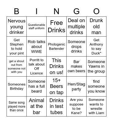 Chris's Pub Crawl Bingo Card