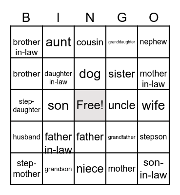Family Members Bingo Card