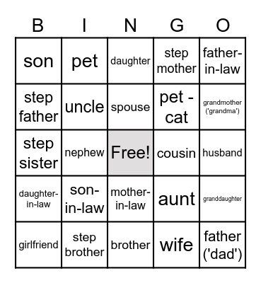 Family Members Bingo Card
