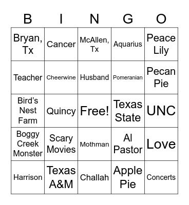 Harrison & Amanda Bingo Card