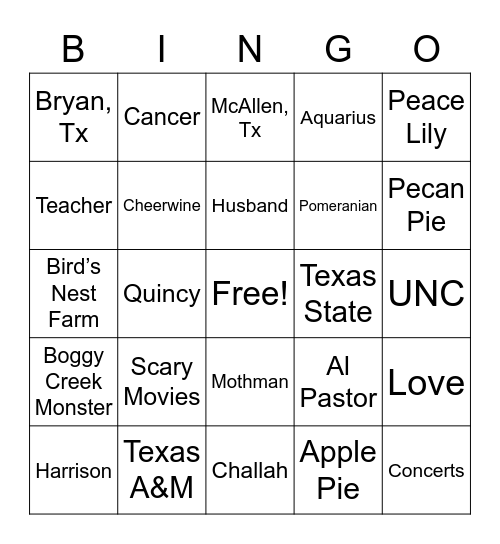 Harrison & Amanda Bingo Card