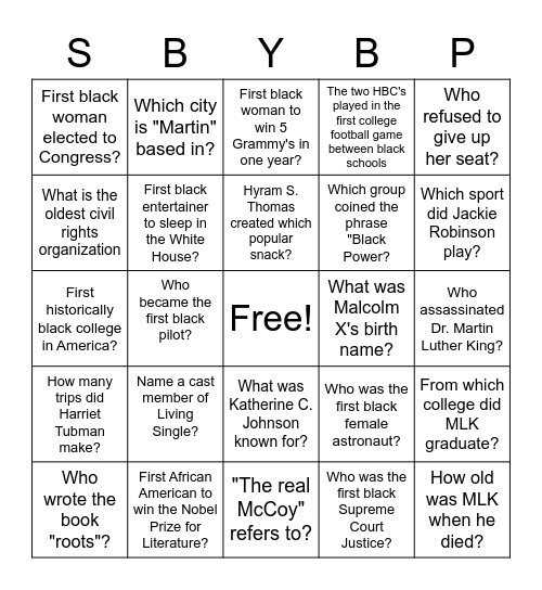 SBYBP Holiday Bingo Card