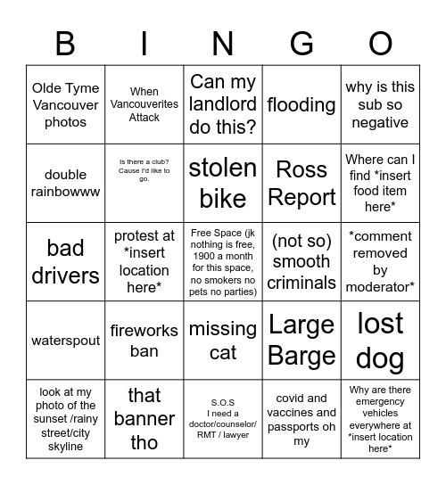 r/vancouver BINGO, Oct/Nov Edition Bingo Card