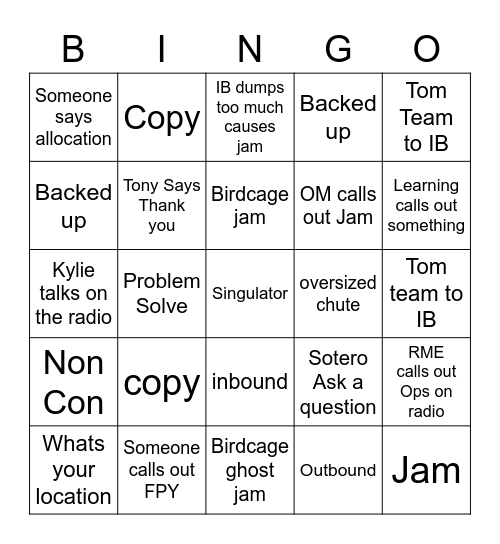 TUS5 Radio Bingo Card