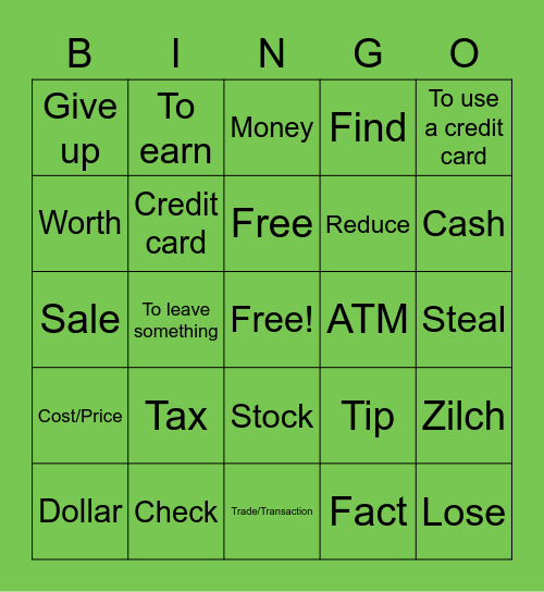 Unit 9 Money Bingo Card