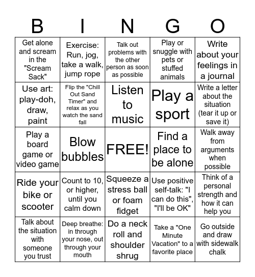 Stress Strategies Bingo Card