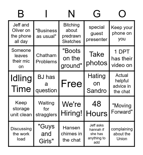 December Essex Chatham Team Meeting Bingo Card