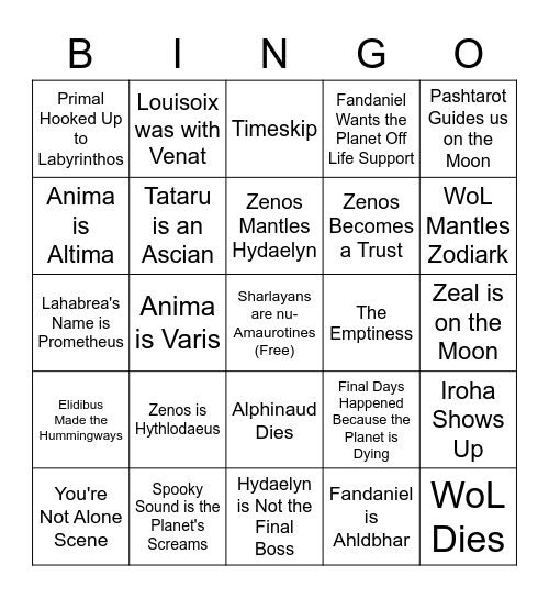 Endwalker Bingo Card